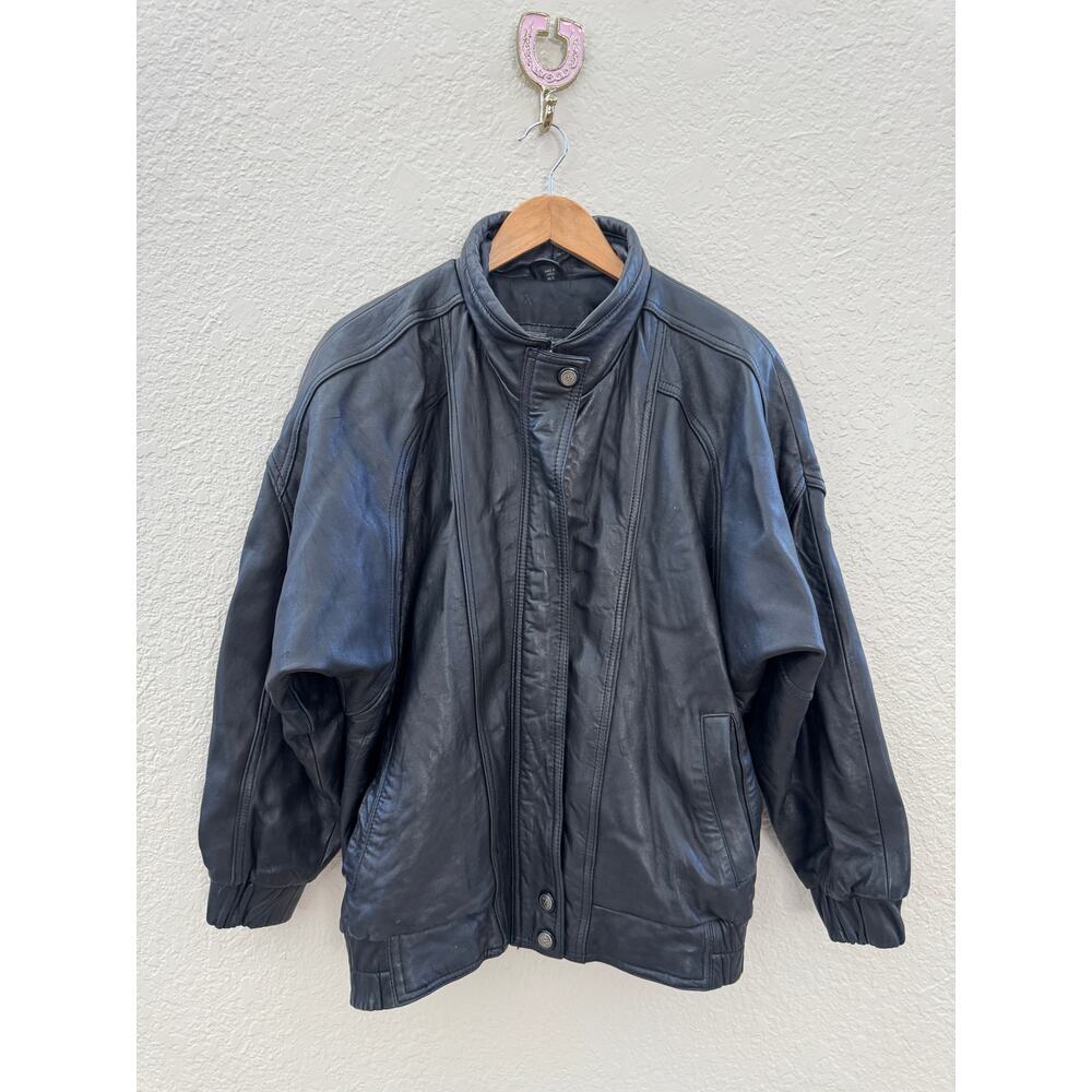 Vintage 1990's Express 100% Leather Oversized Black Moto Jacket